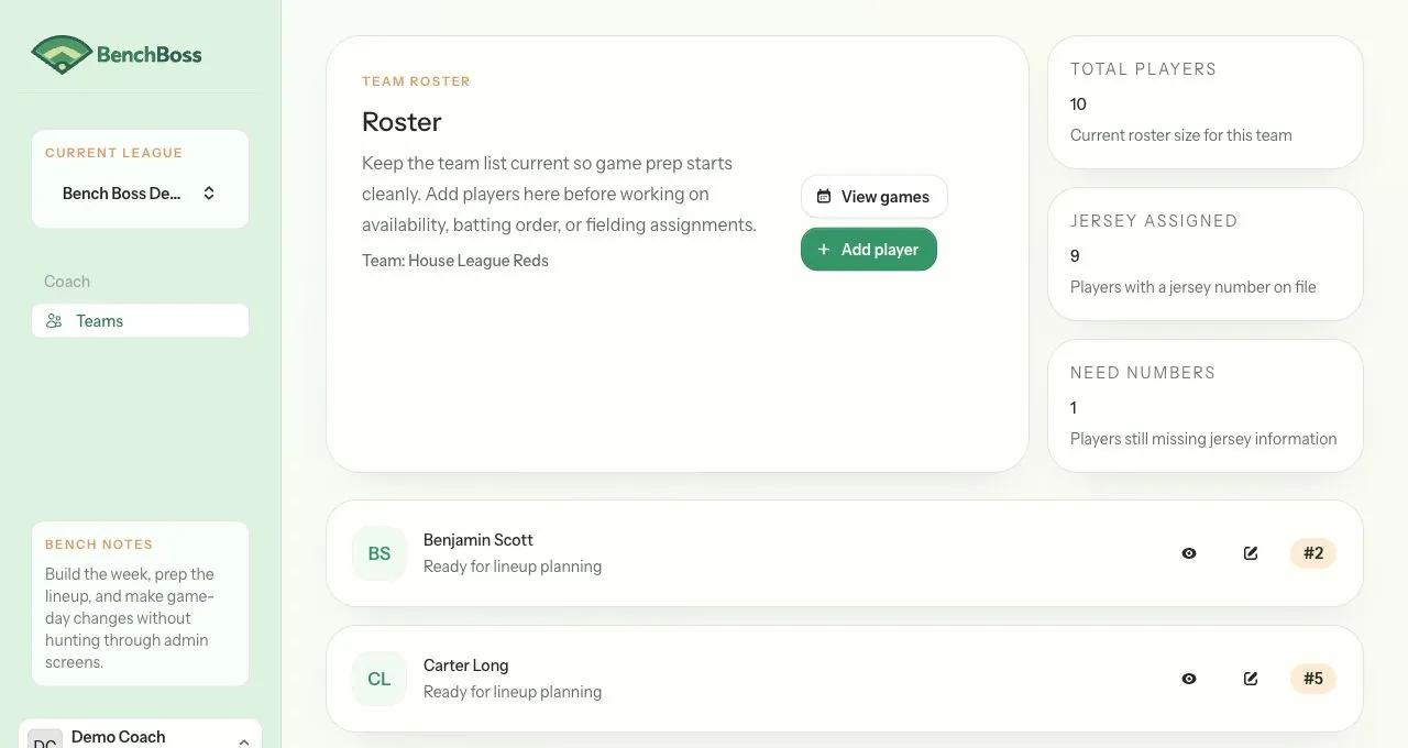 Team roster page showing roster summary cards and player rows